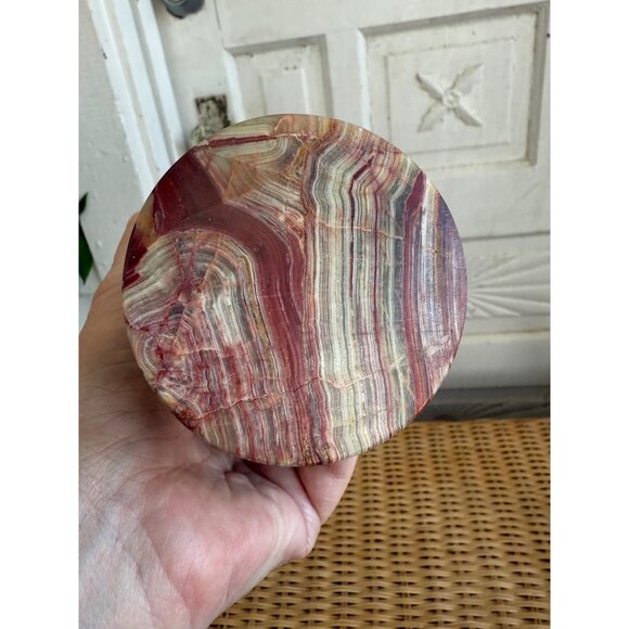 Vintage 70's Green & Brown Banded Onyx Agate Vase 6" Heavy Boho - Picture 8 of 8